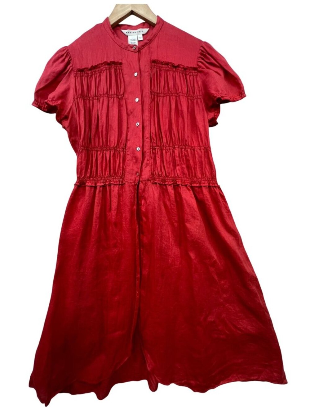 Max Studio Womens Linen Button Front A-Line Shirt Dress Large Red Cinched Waist